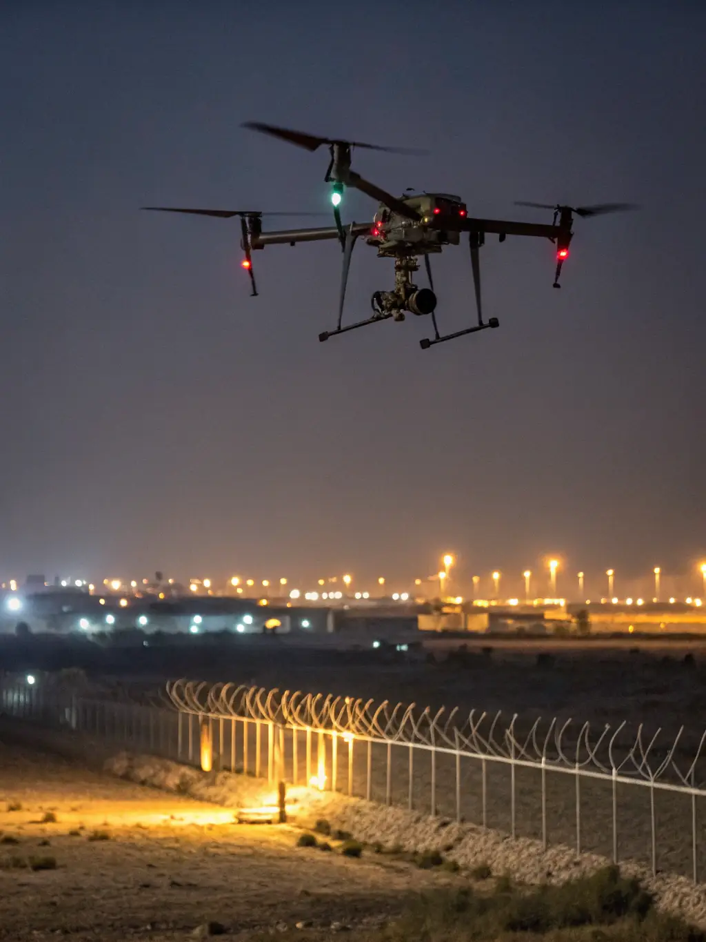 An image showcasing a Kline & Crane drone being used for border patrol, equipped with thermal imaging and long-range cameras, operating at night.