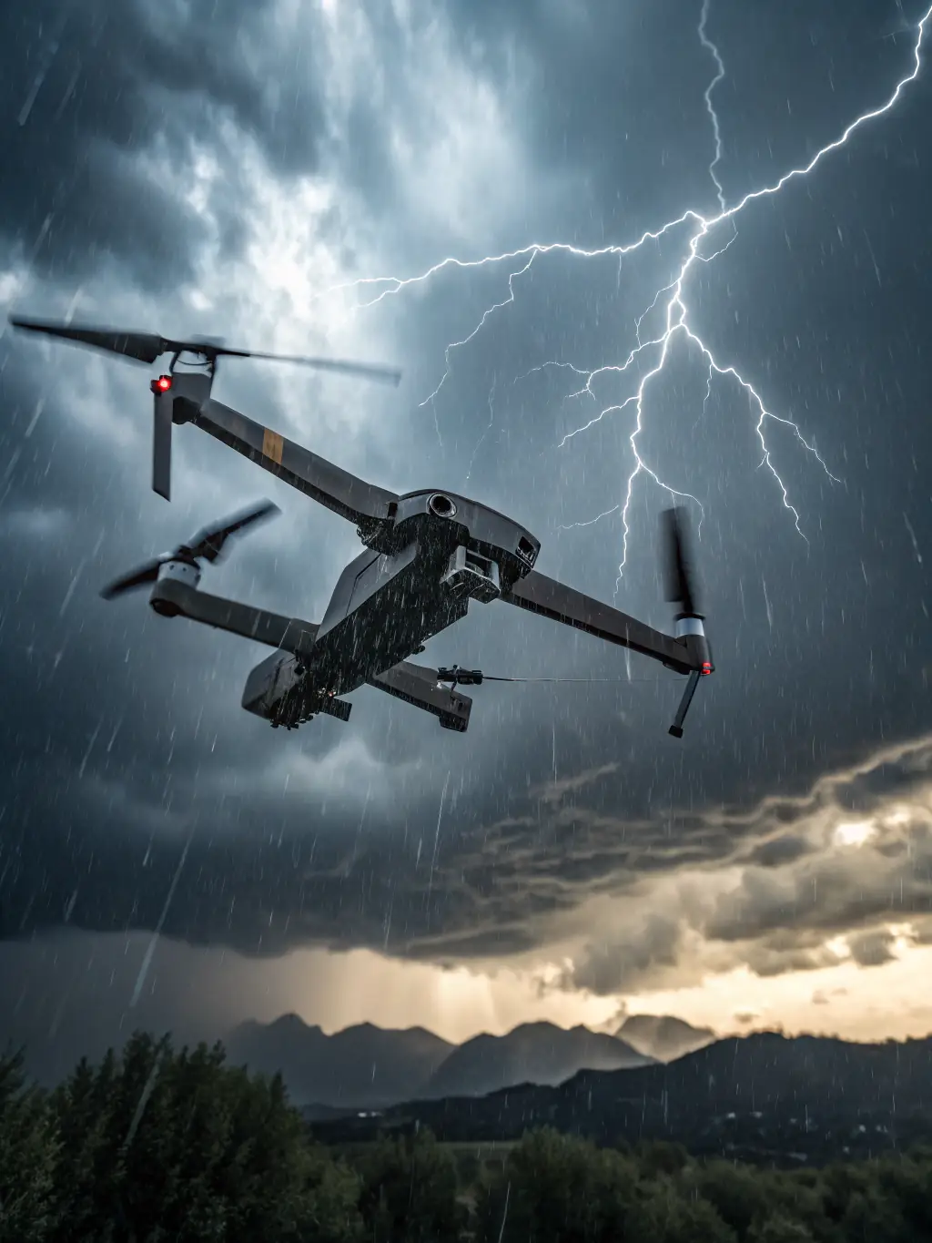 An image of a ruggedized drone operating in adverse weather conditions, demonstrating its durability and reliability in challenging environments.