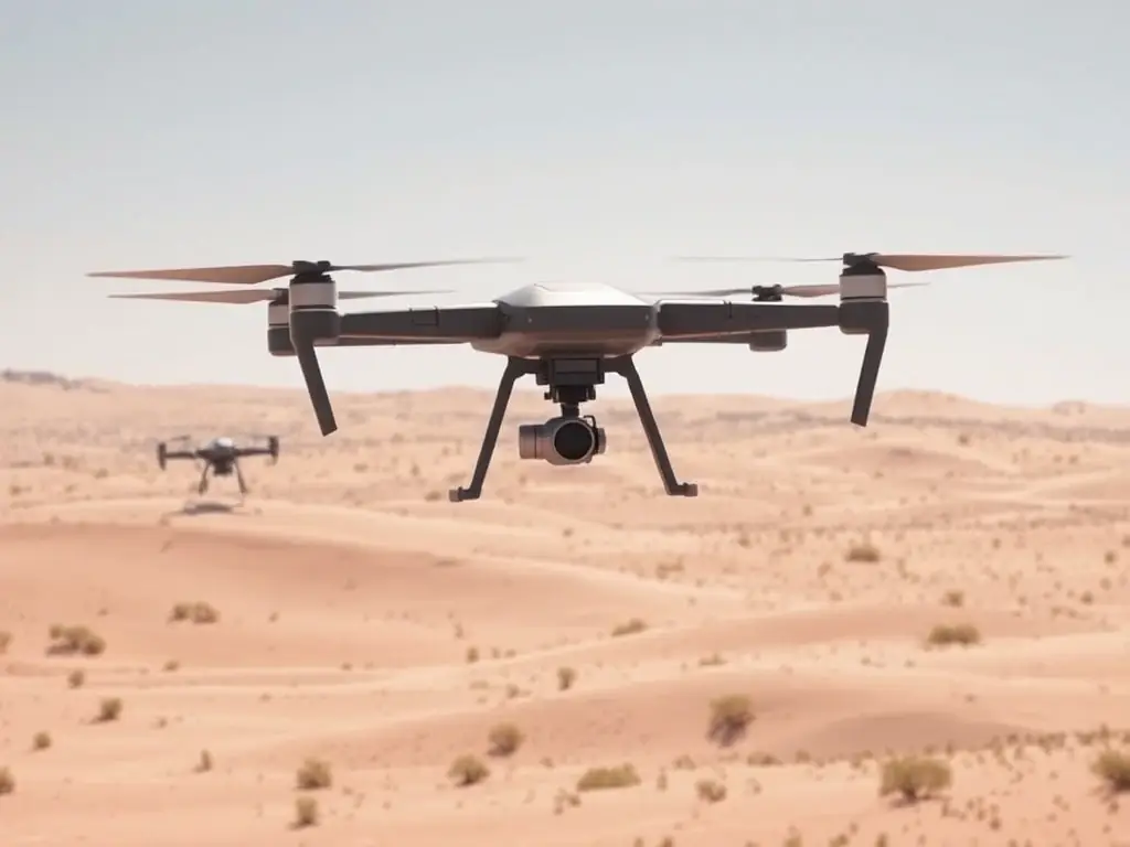 A high-resolution image of a KCT-designed surveillance drone hovering over a desert landscape, showcasing its advanced sensor suite.