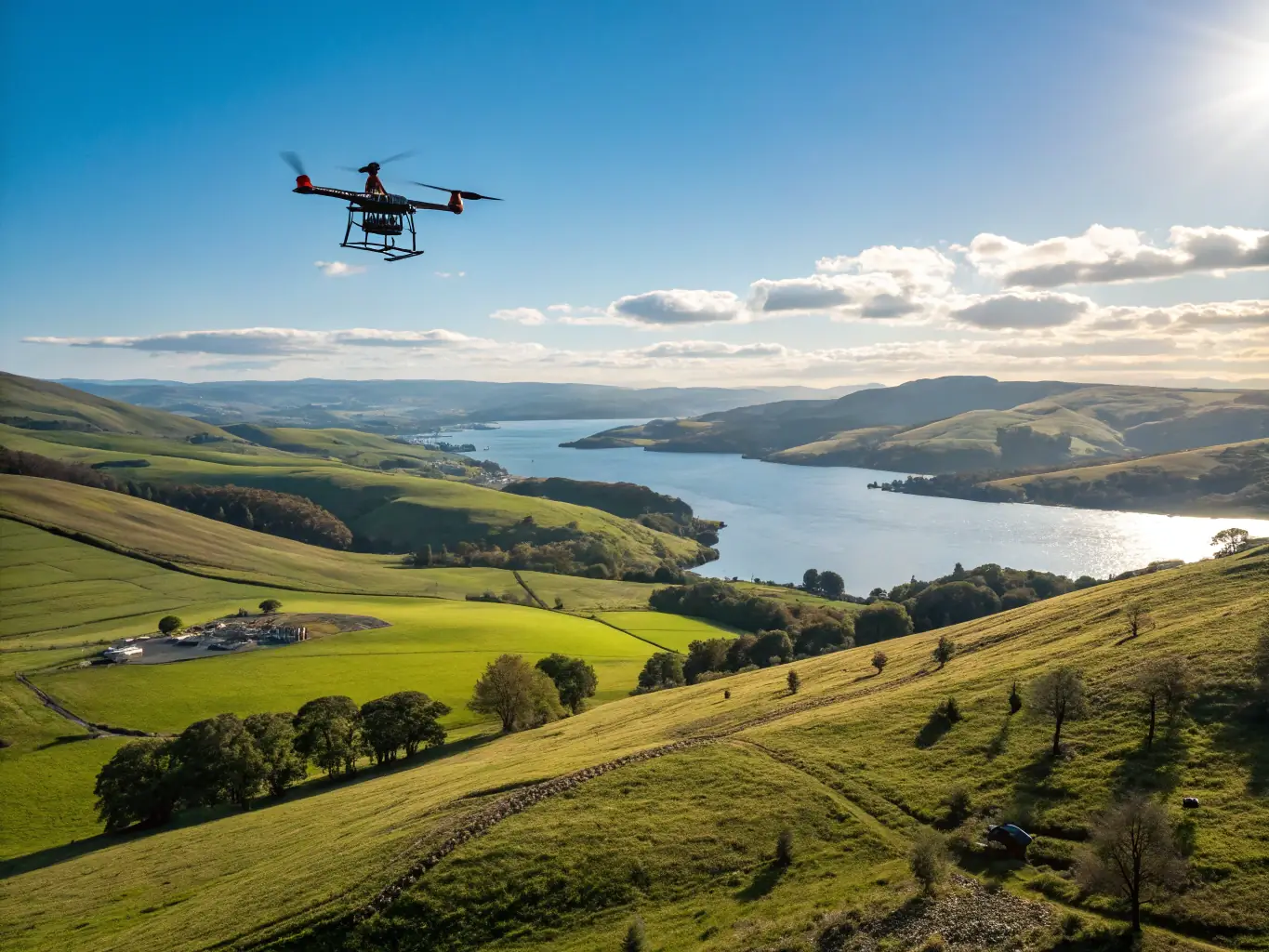 A high-resolution image of a Kline & Crane Technologies military drone executing a surveillance mission over a mountainous region, showcasing its advanced sensor capabilities.