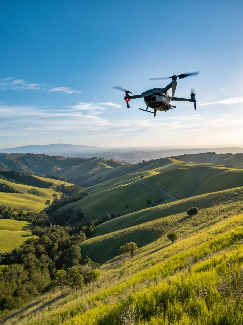 A high-resolution image of an AI-powered military drone performing autonomous surveillance over a desert landscape, showcasing its advanced sensor capabilities.