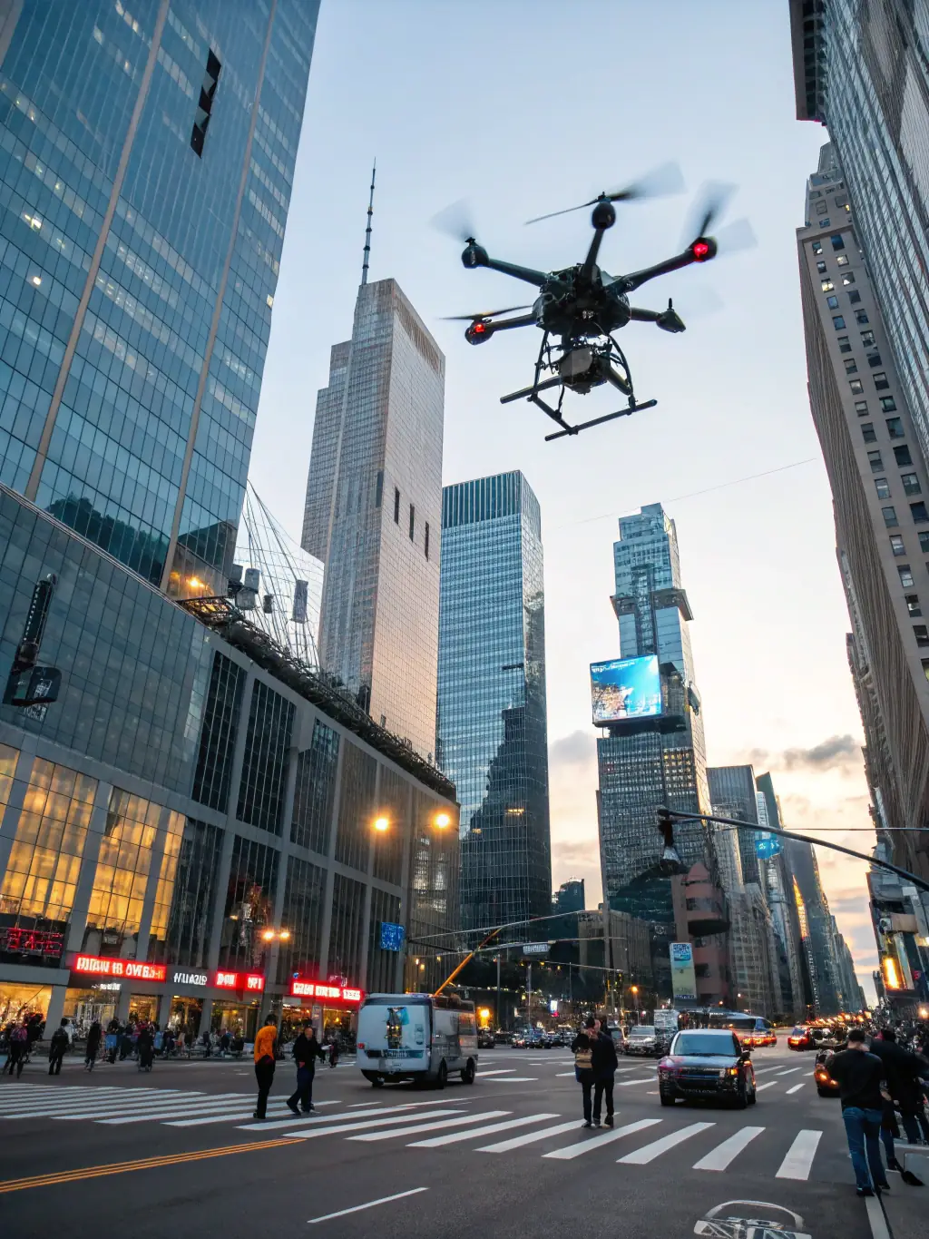 An image of a drone using AI to identify and track multiple targets in a complex urban environment, highlighting its precision and efficiency.